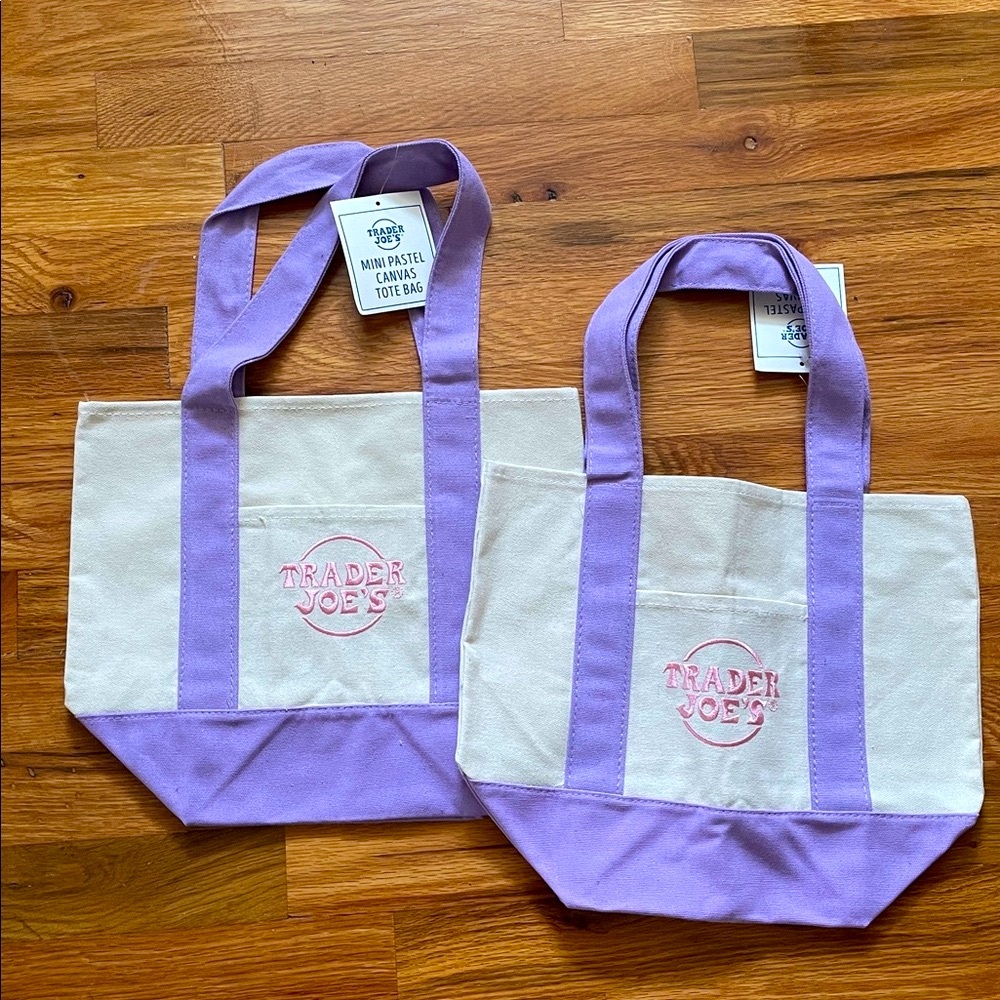 Trader Joe’s 2 mini pastel Purple and Cream Canvas Tote Bags limited edition New